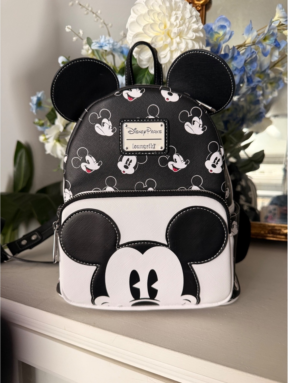 Disney parks loungefly Mickey Mouse face black and white mini backpack